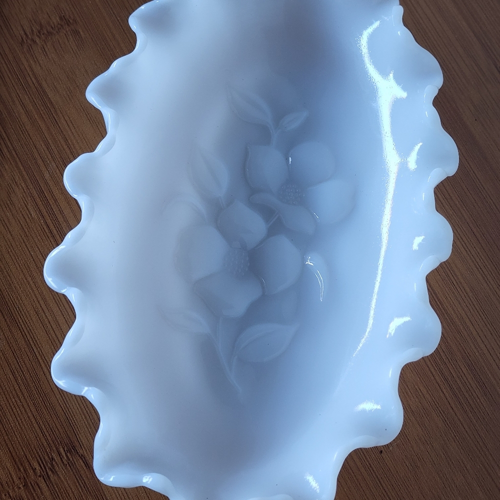Milkglass dish dogwood flowers